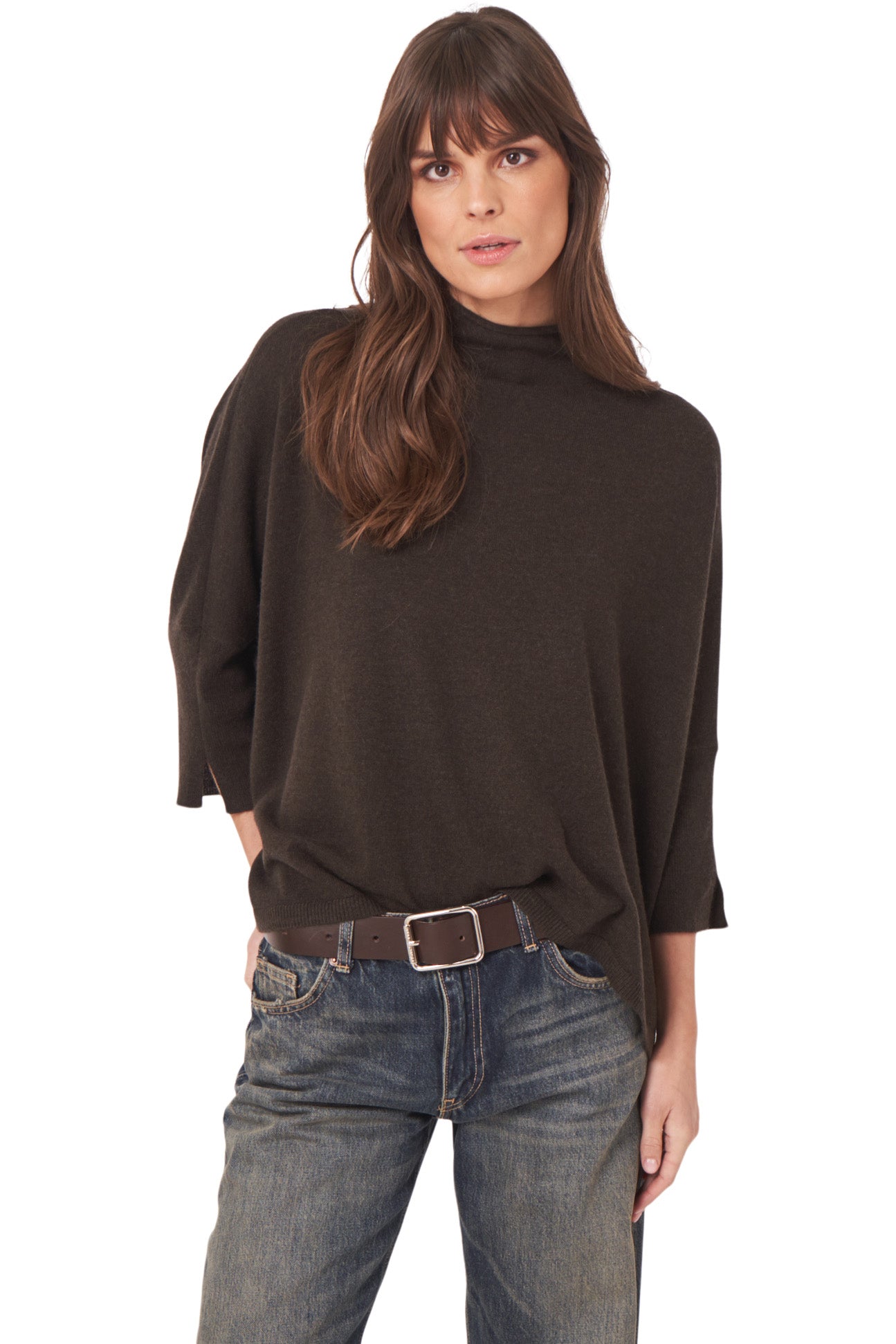 Repeat Cashmere Oversized Mockneck Turtleneck in Dark Brown