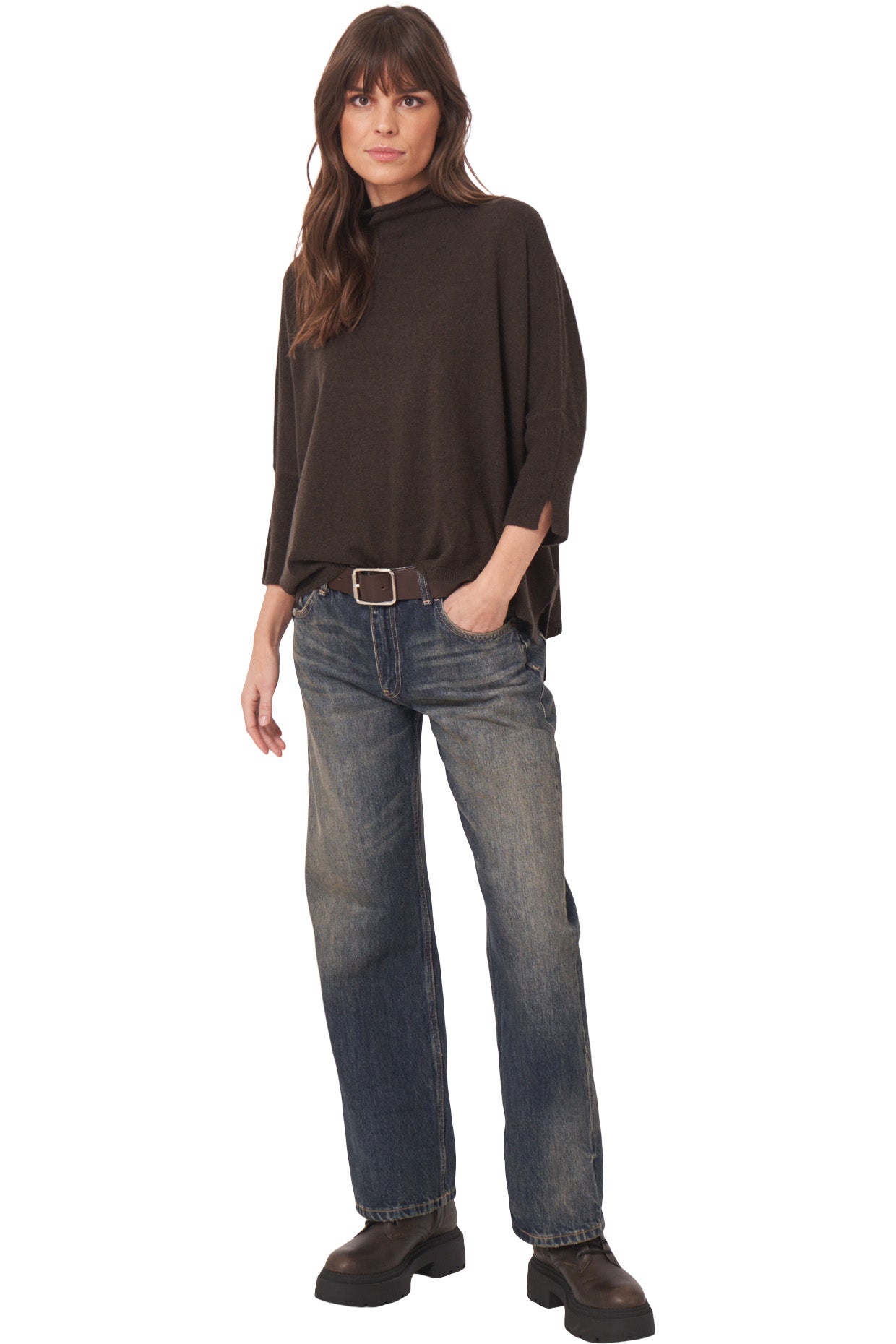 Repeat Cashmere Oversized Mockneck Turtleneck in Dark Brown