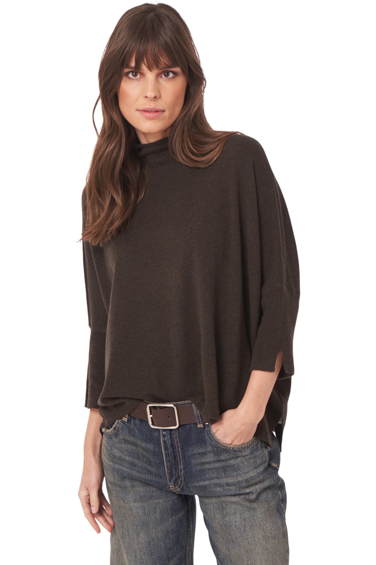 Repeat Cashmere Oversized Mockneck Turtleneck in Dark Brown