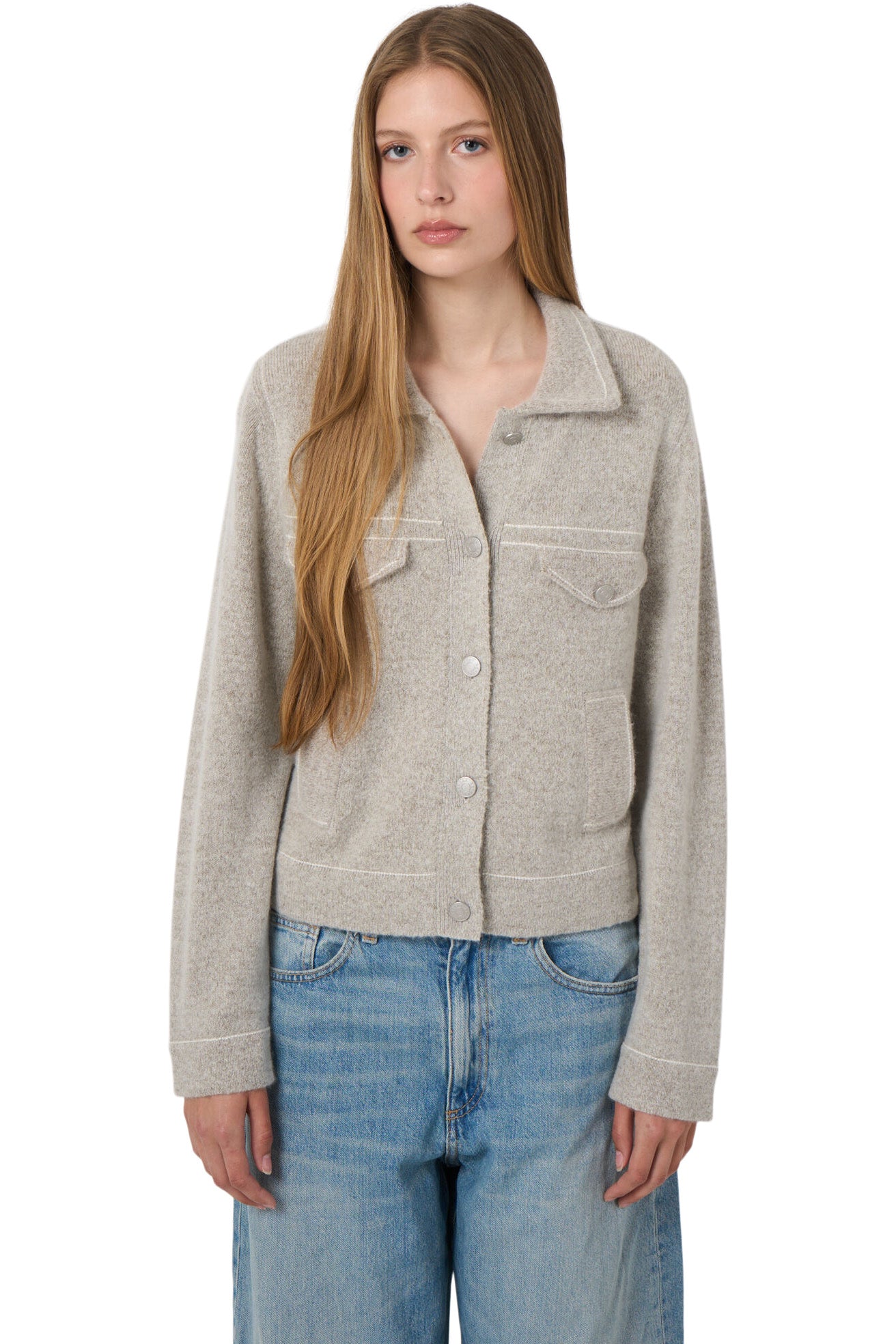 Repeat Cashmere Polo Cardigan with Contrast Stitching in Hazel