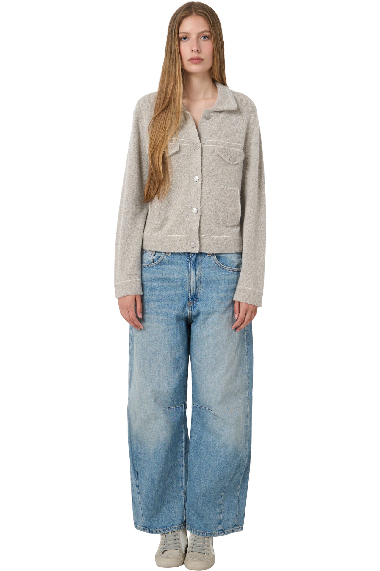 Repeat Cashmere Polo Cardigan with Contrast Stitching in Hazel