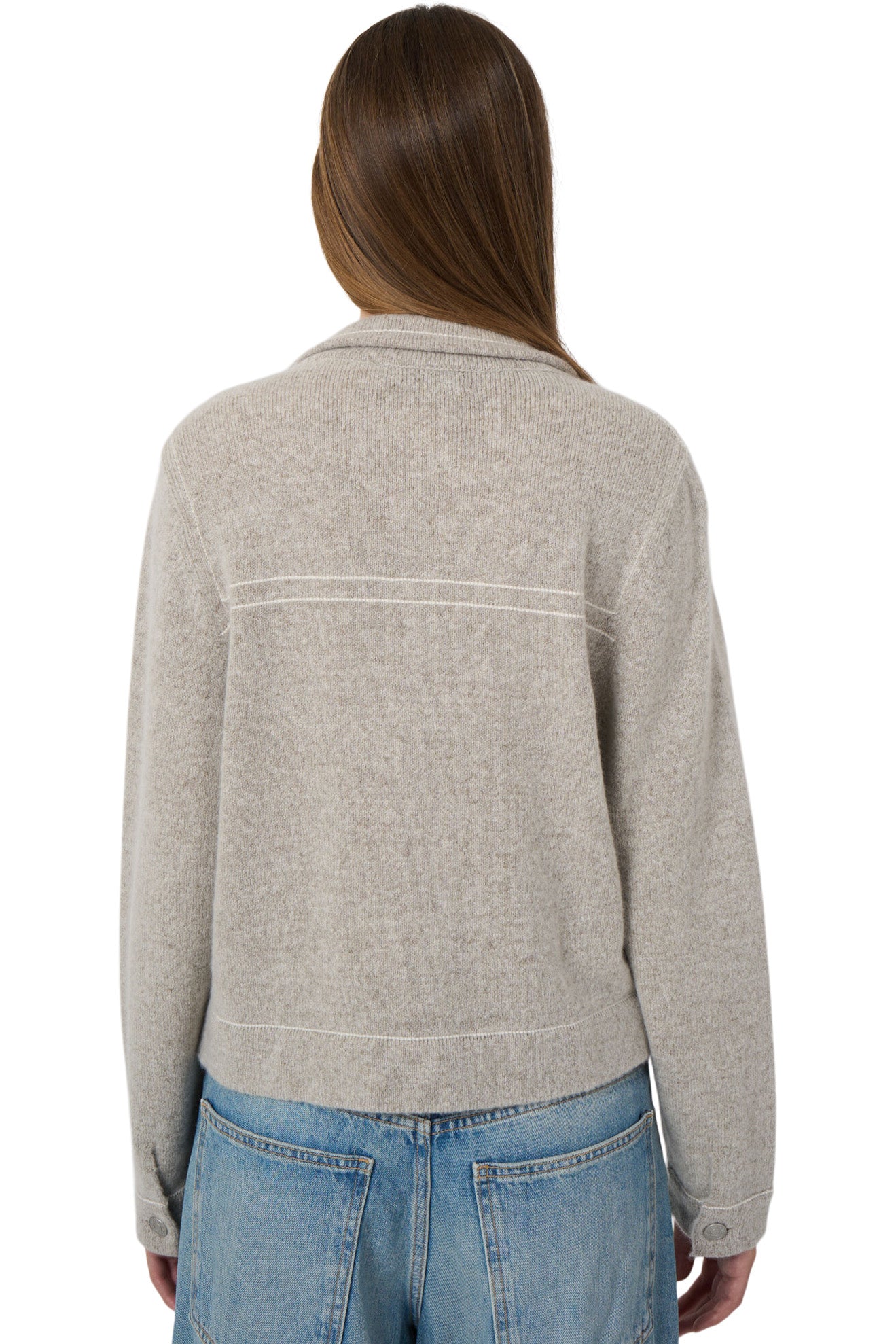 Repeat Cashmere Polo Cardigan with Contrast Stitching in Hazel