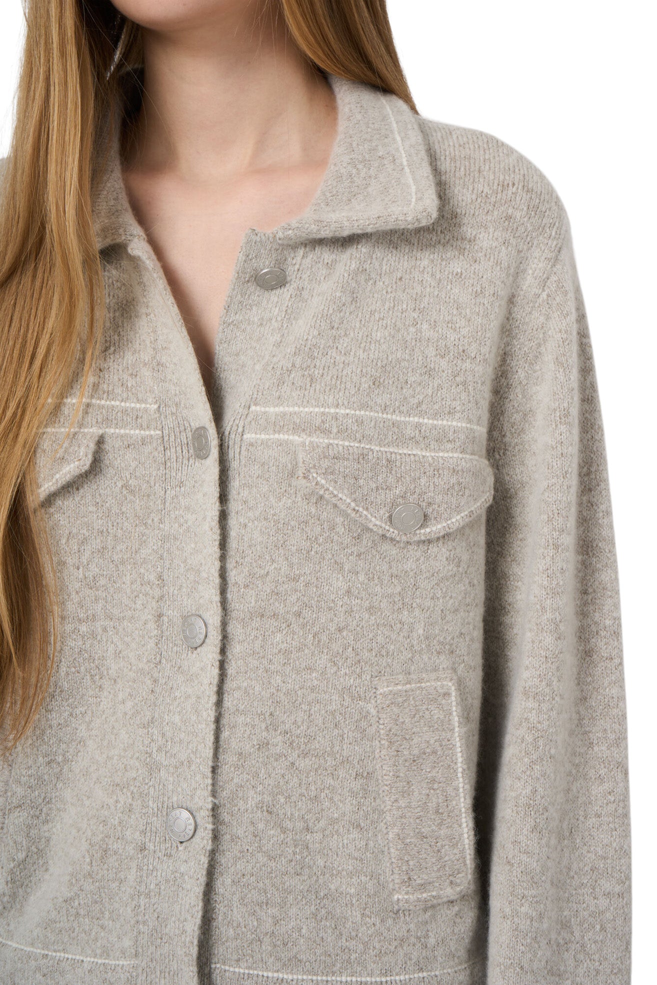 Repeat Cashmere Polo Cardigan with Contrast Stitching in Hazel