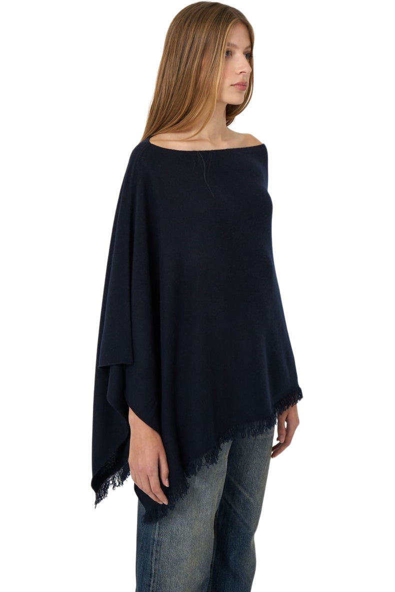 Repeat Cashmere Poncho with Fringe in Navy