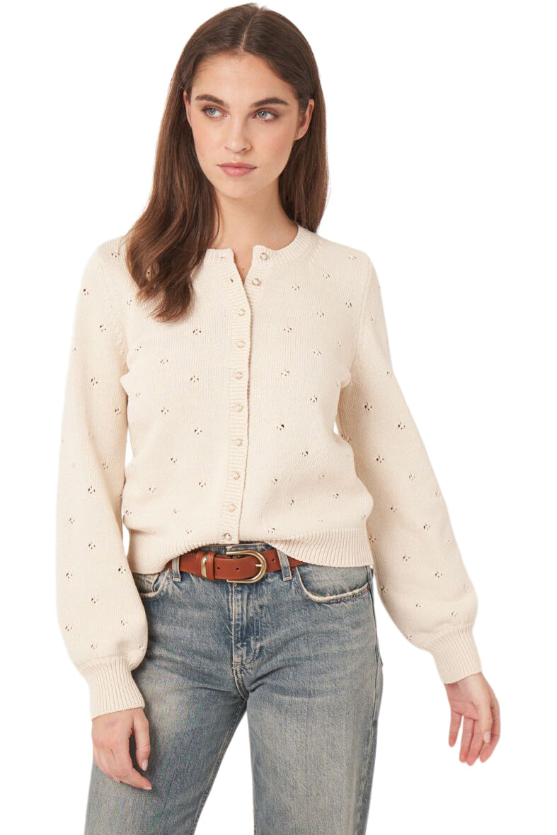 Repeat Cashmere Pure Cotton Pointelle Cardigan with Pearl Buttons in Ivory