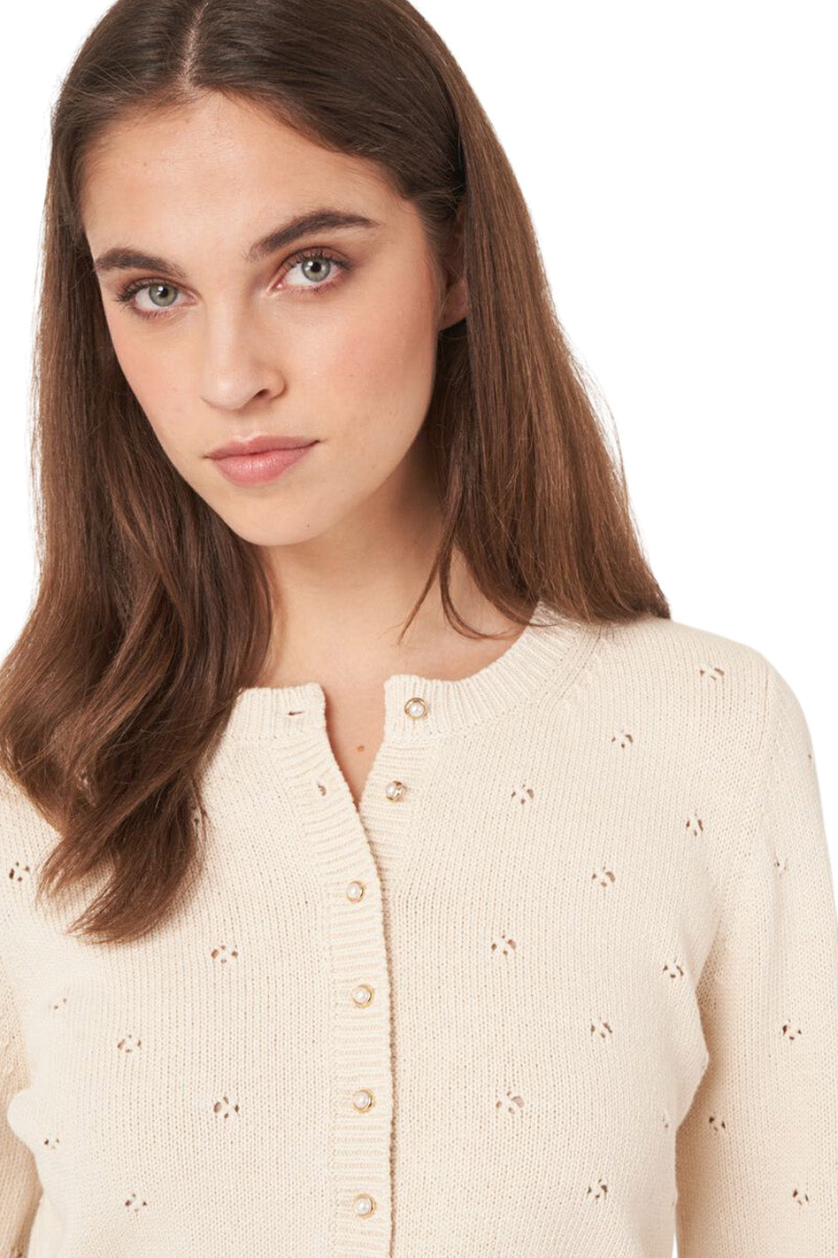 Repeat Cashmere Pure Cotton Pointelle Cardigan with Pearl Buttons in Ivory