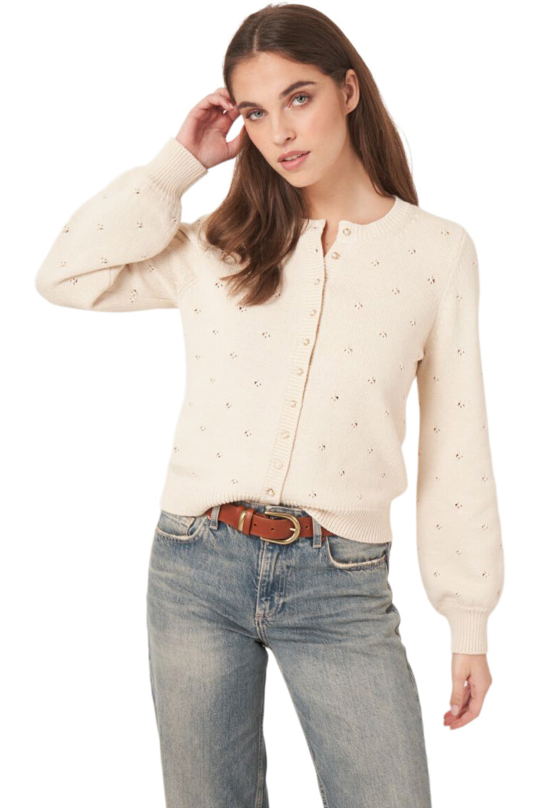 Repeat Cashmere Pure Cotton Pointelle Cardigan with Pearl Buttons in Ivory