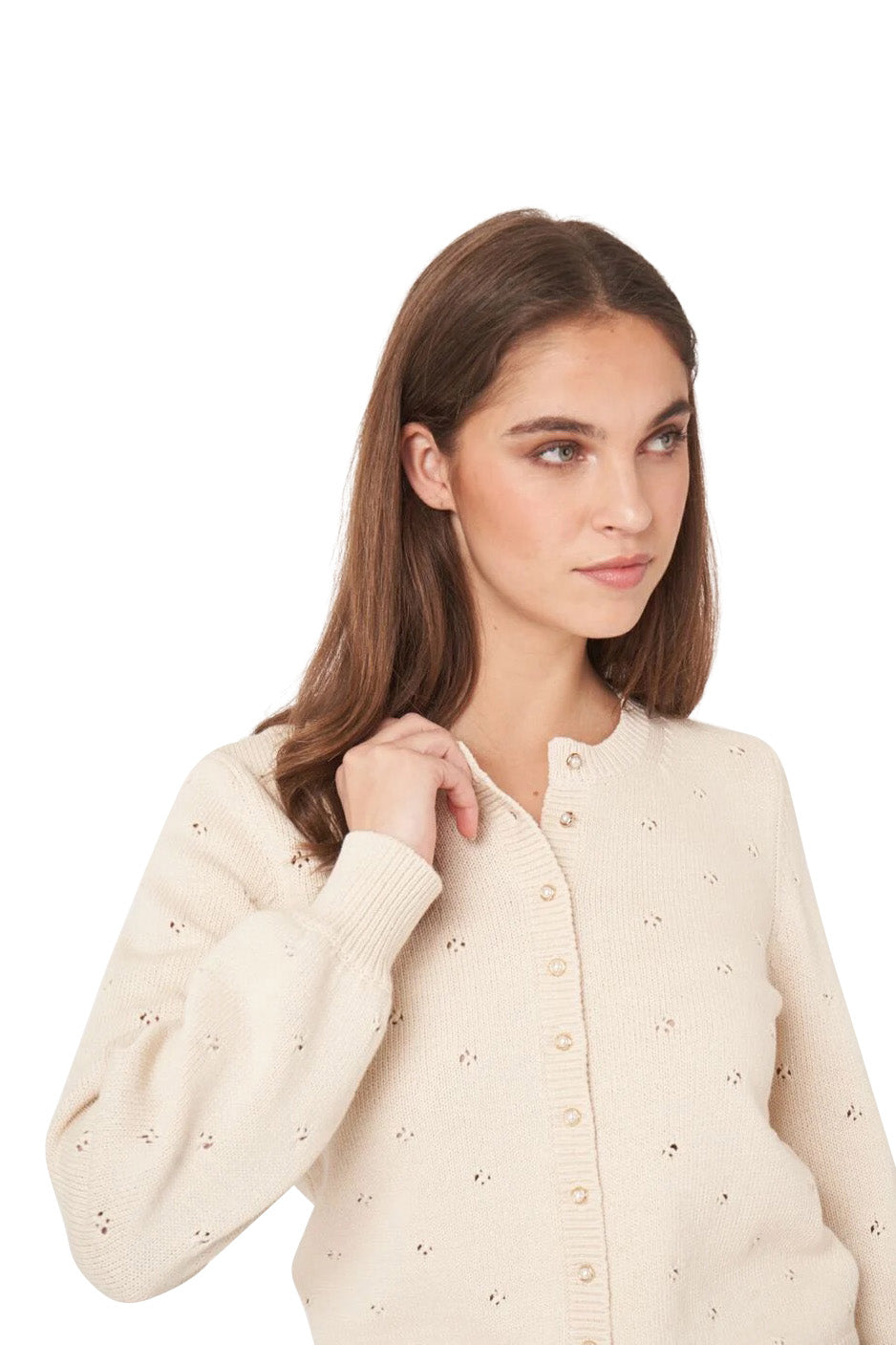 Repeat Cashmere Pure Cotton Pointelle Cardigan with Pearl Buttons in Ivory