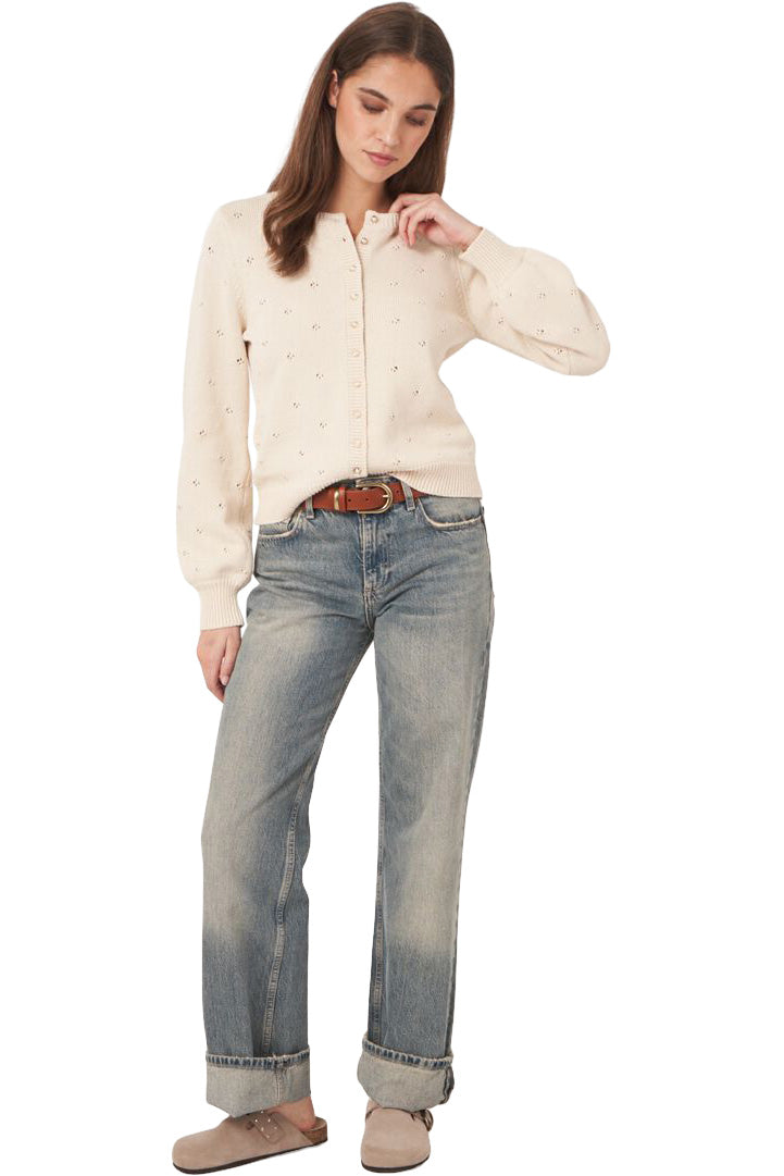 Repeat Cashmere Pure Cotton Pointelle Cardigan with Pearl Buttons in Ivory