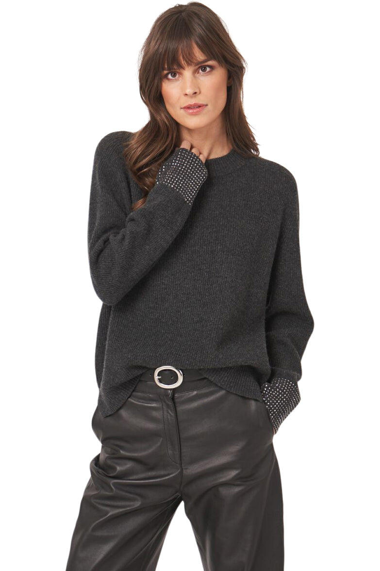 Repeat Cashmere Relaxed Rib Knit Sweater with Rhinestone Cuffs in Charcoal