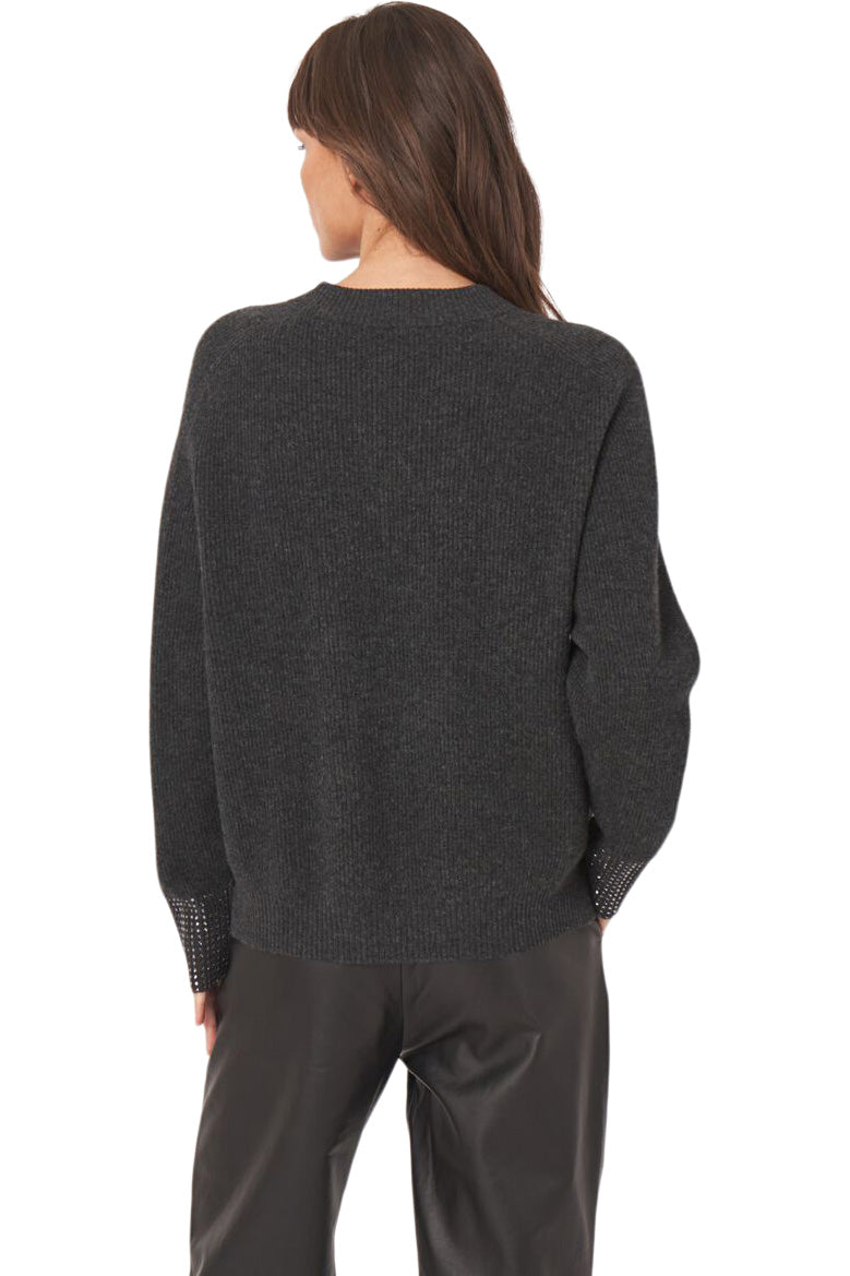 Repeat Cashmere Relaxed Rib Knit Sweater with Rhinestone Cuffs in Charcoal