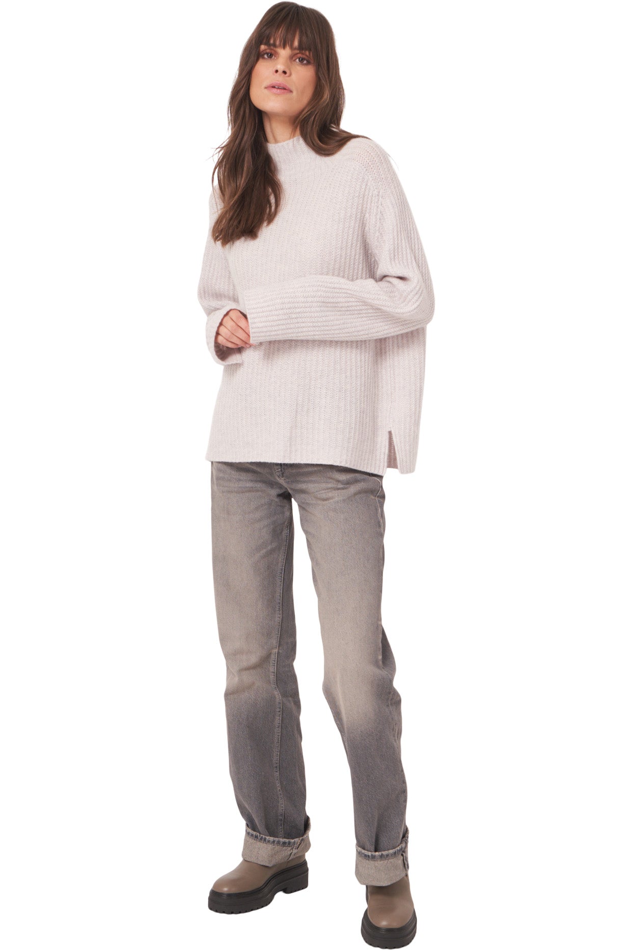 Repeat Cashmere Ribbed Mockneck Turtleneck Sweater in Snow