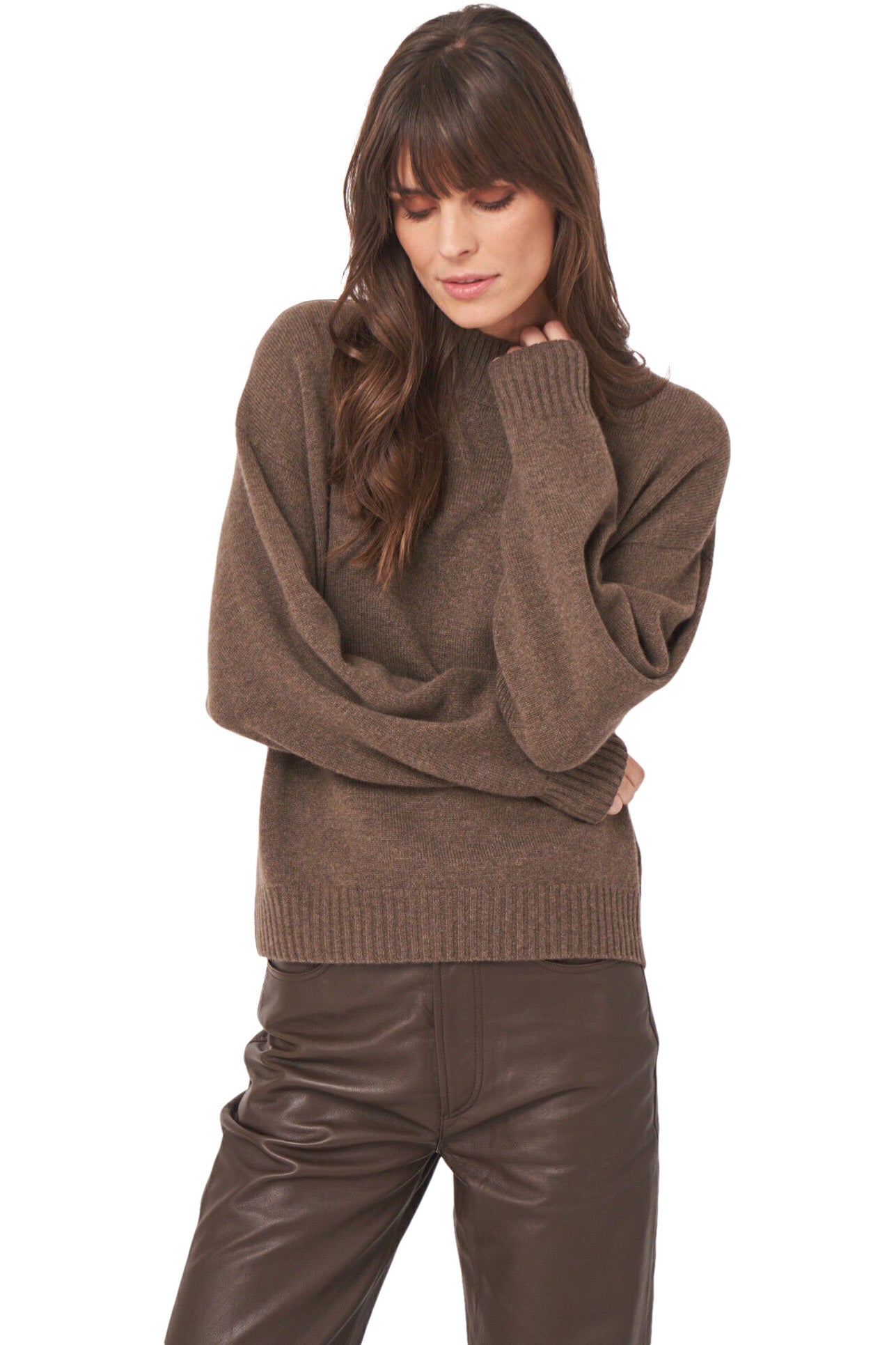 Repeat Cashmere Seamless Stand Collar Sweater in Cacao