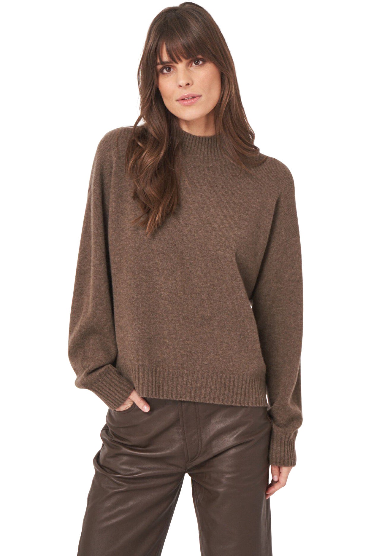 Repeat Cashmere Seamless Stand Collar Sweater in Cacao