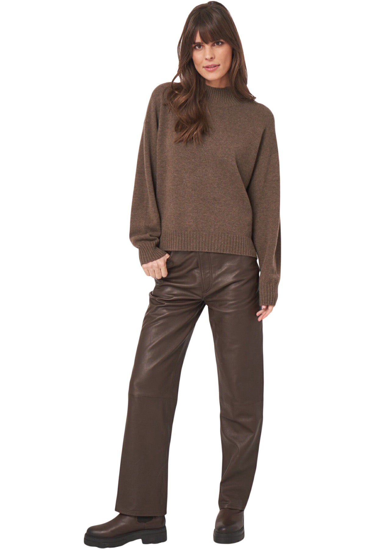 Repeat Cashmere Seamless Stand Collar Sweater in Cacao
