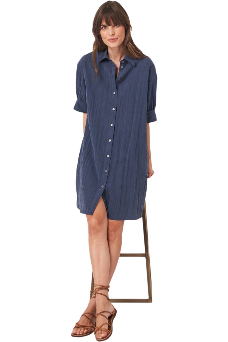 Repeat Cashmere Shirt Dress with Short Puff Sleeves in Marine