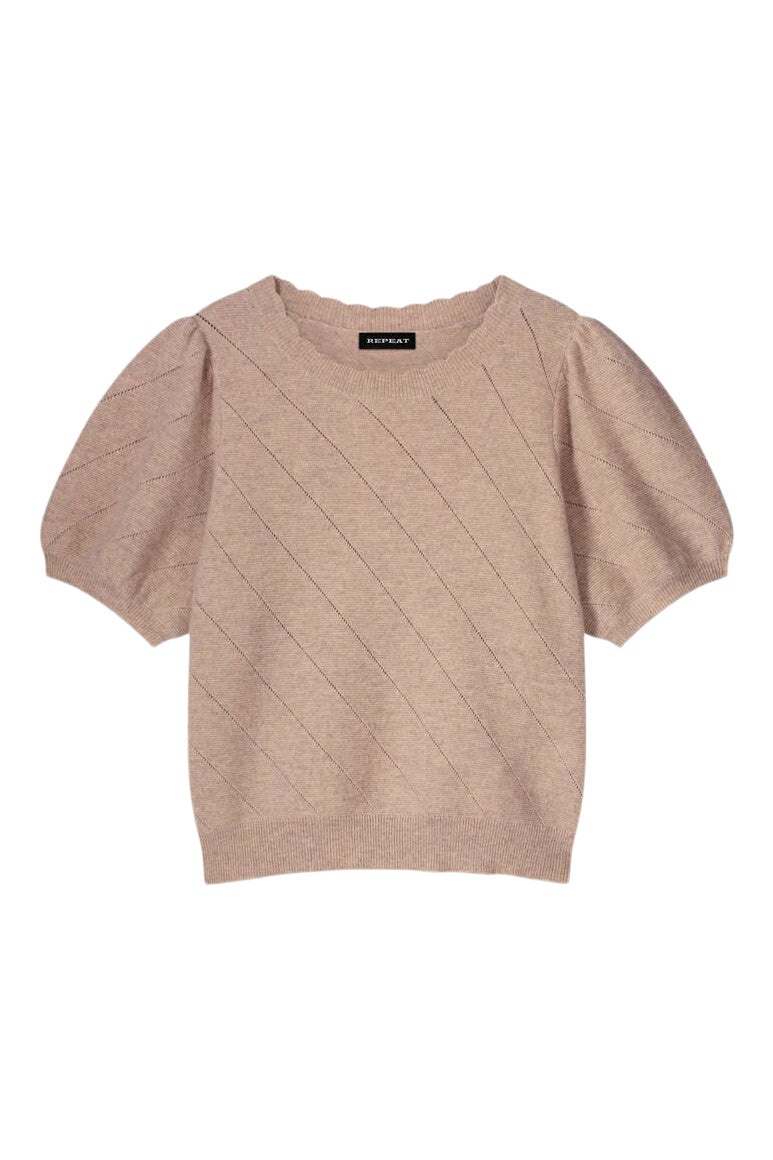 Repeat Cashmere Short Sleeve Pointelle Cashmere Sweater
 in Pebble