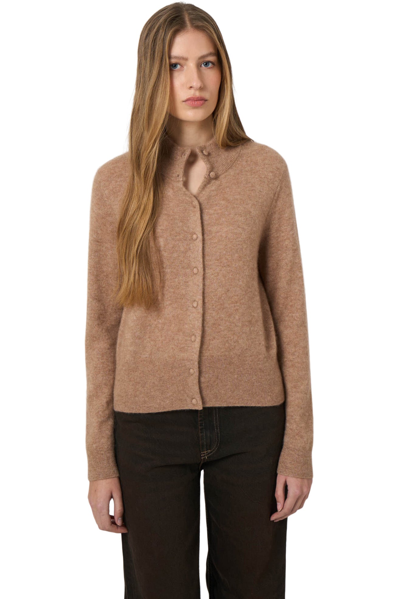 Repeat Cashmere Stand-Collar Cardigan with Brushed Look in Fawn