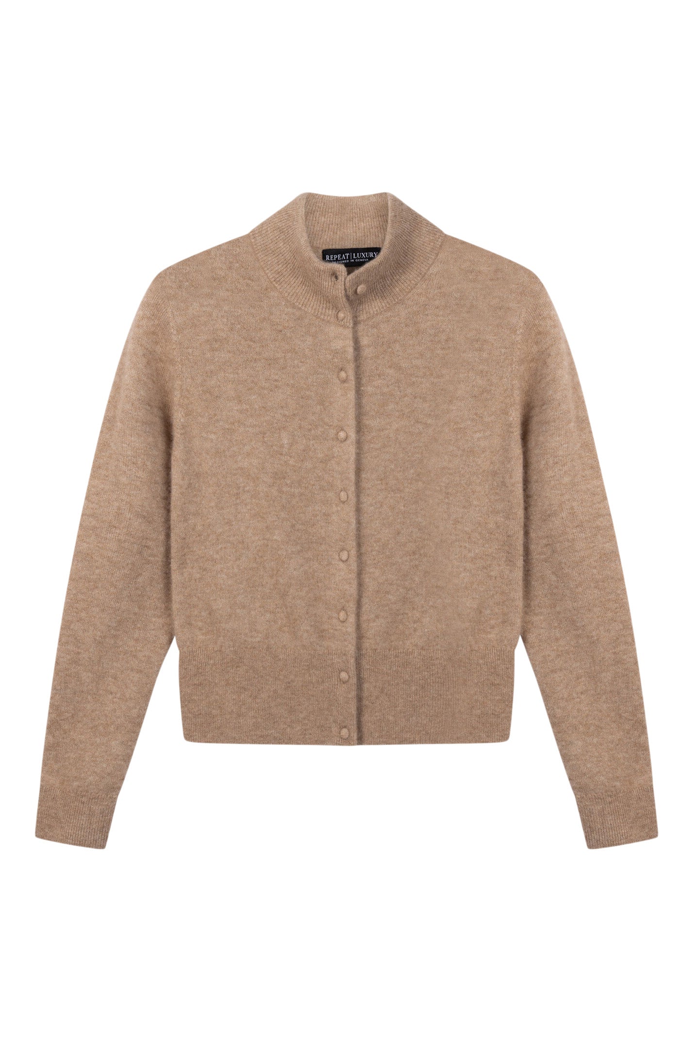 Repeat Cashmere Stand-Collar Cardigan with Brushed Look in Fawn