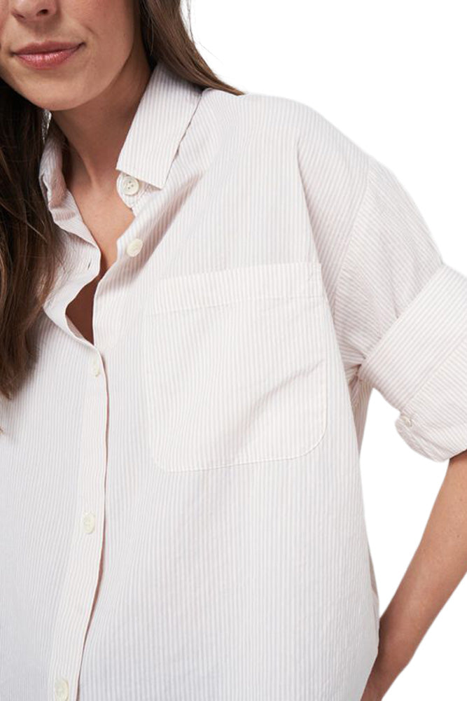 Repeat Cashmere Striped Shirt with Turn Up Cuffs in Beige