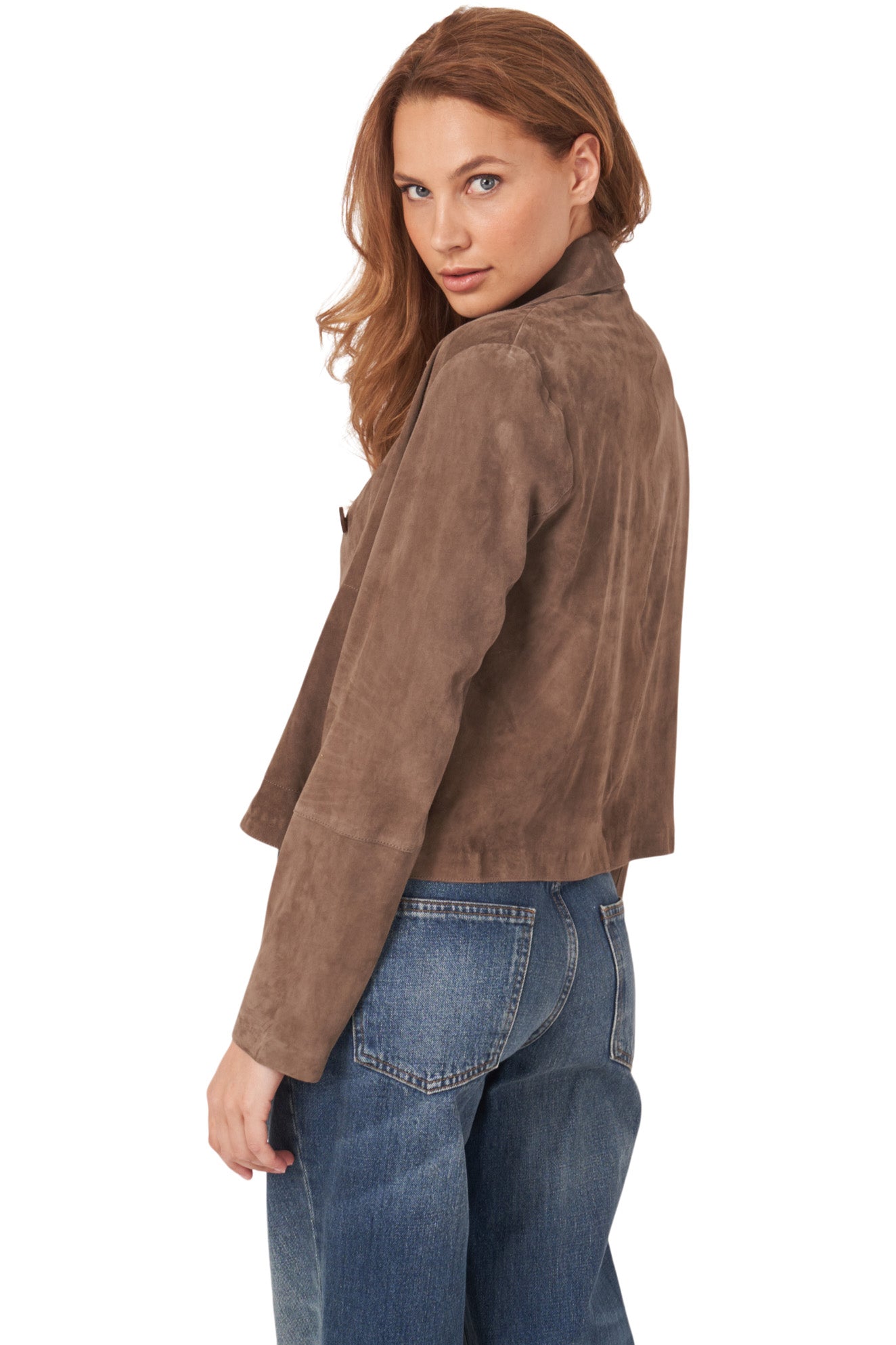 Repeat Cashmere Suede Buttoned Jacket with Shirt Collar
 in Soil
