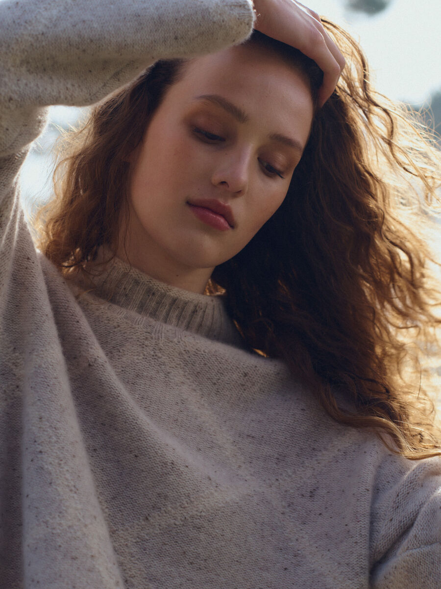 Repeat Cashmere Tweed-Effect Stand-Collar Sweater
 in Argyle