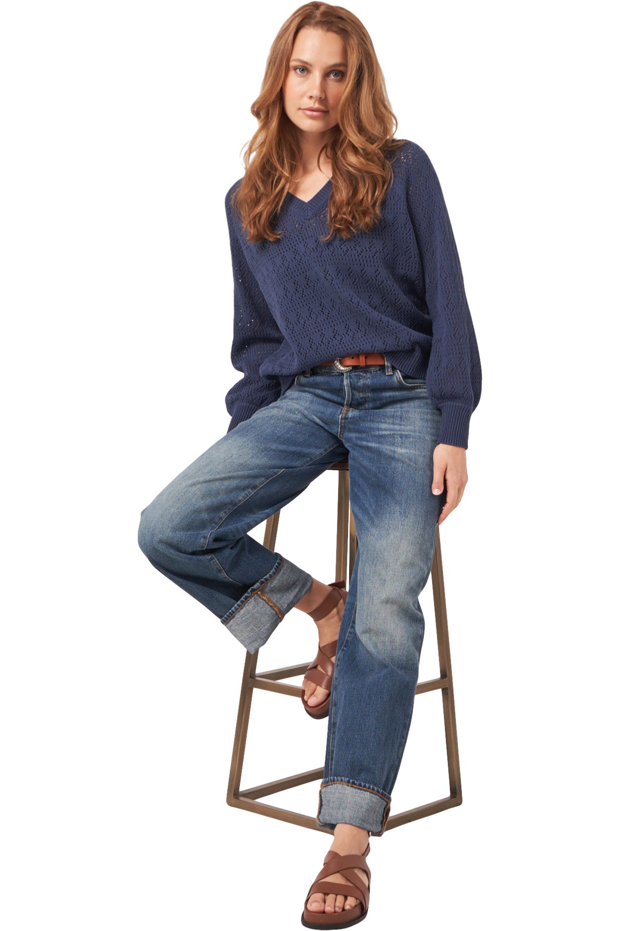 Repeat Cashmere V-neck Pointelle Sweater in Marine