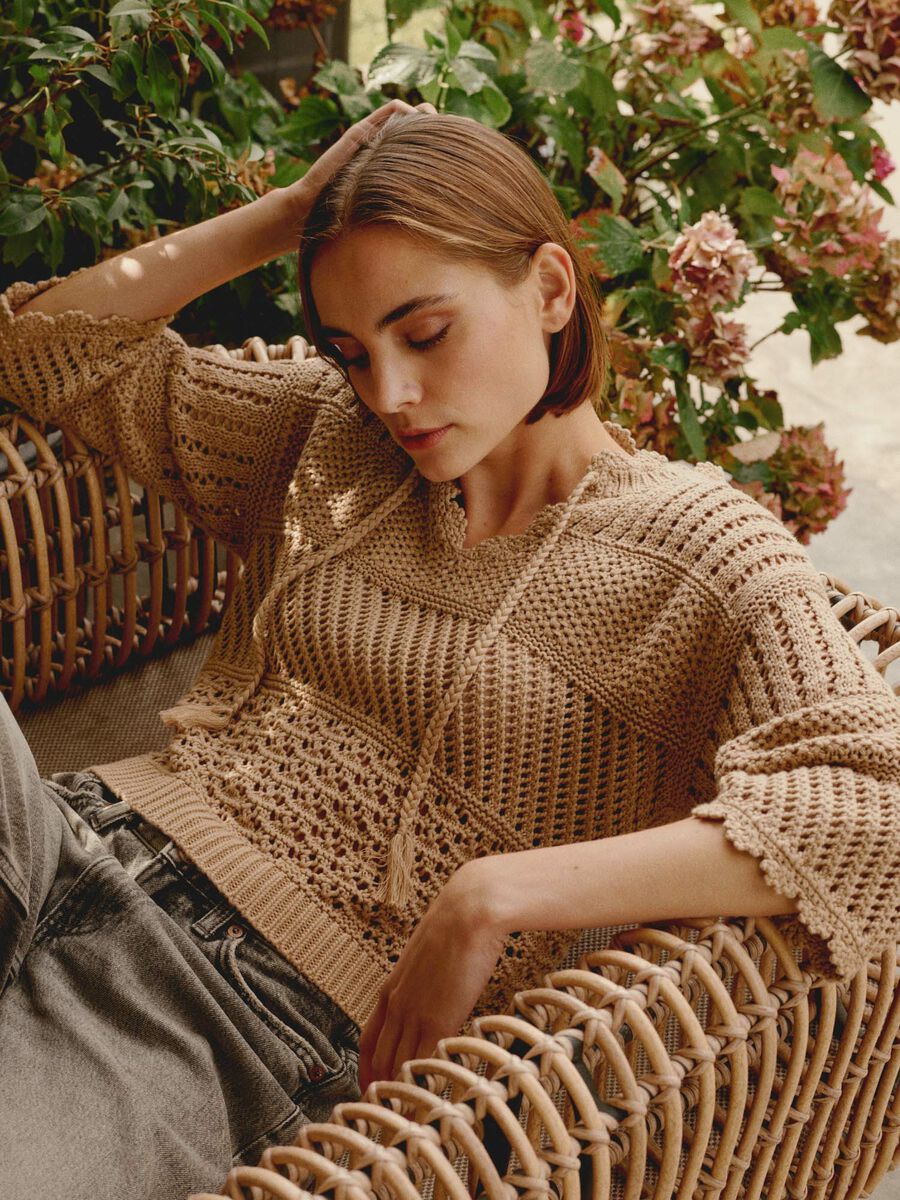 Repeat Cashmere Ajour Cotton Sweater with Crochet Details in Gold