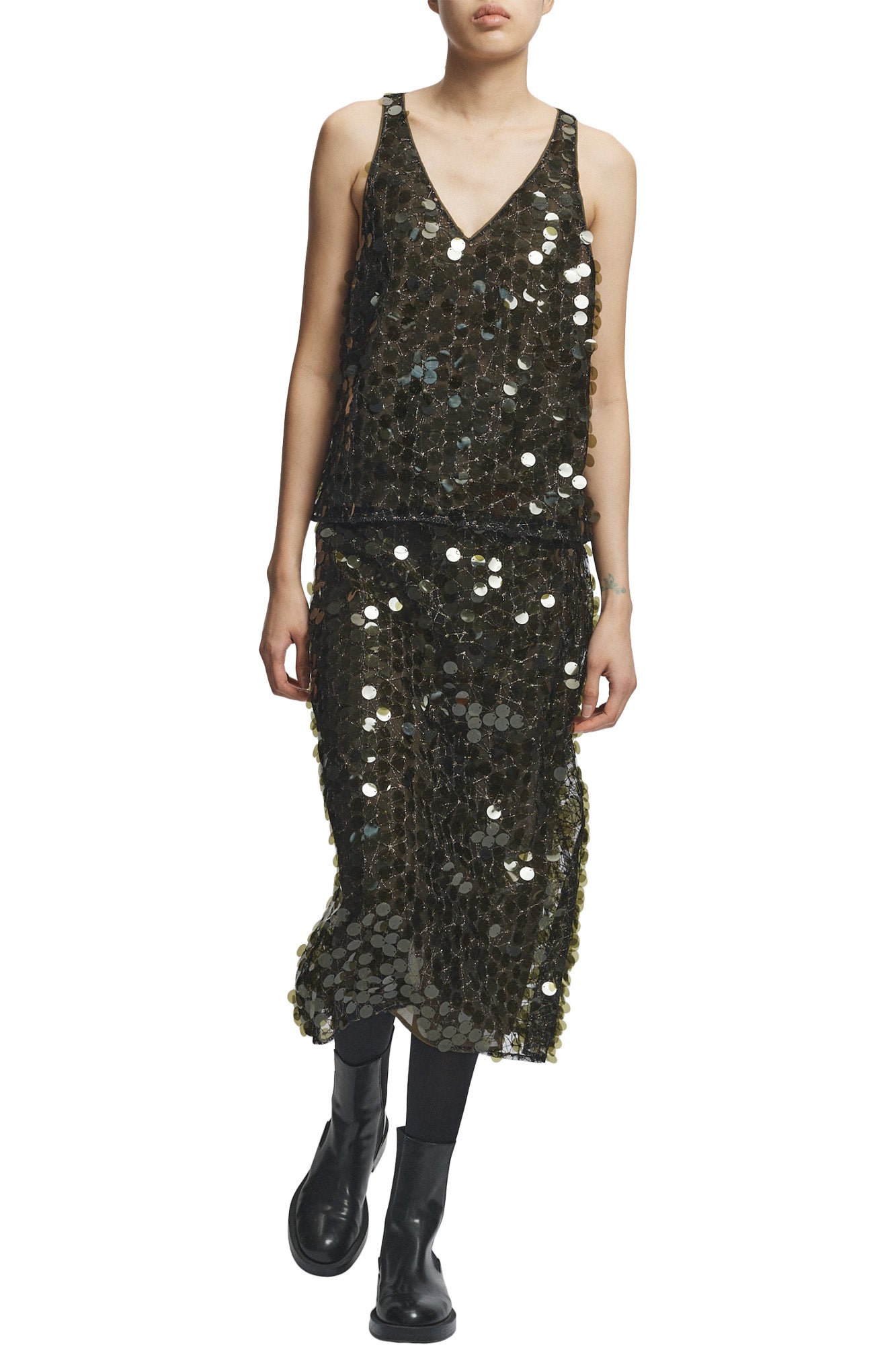 Saint Art Zyon Mesh Sequin Skirt in Olive