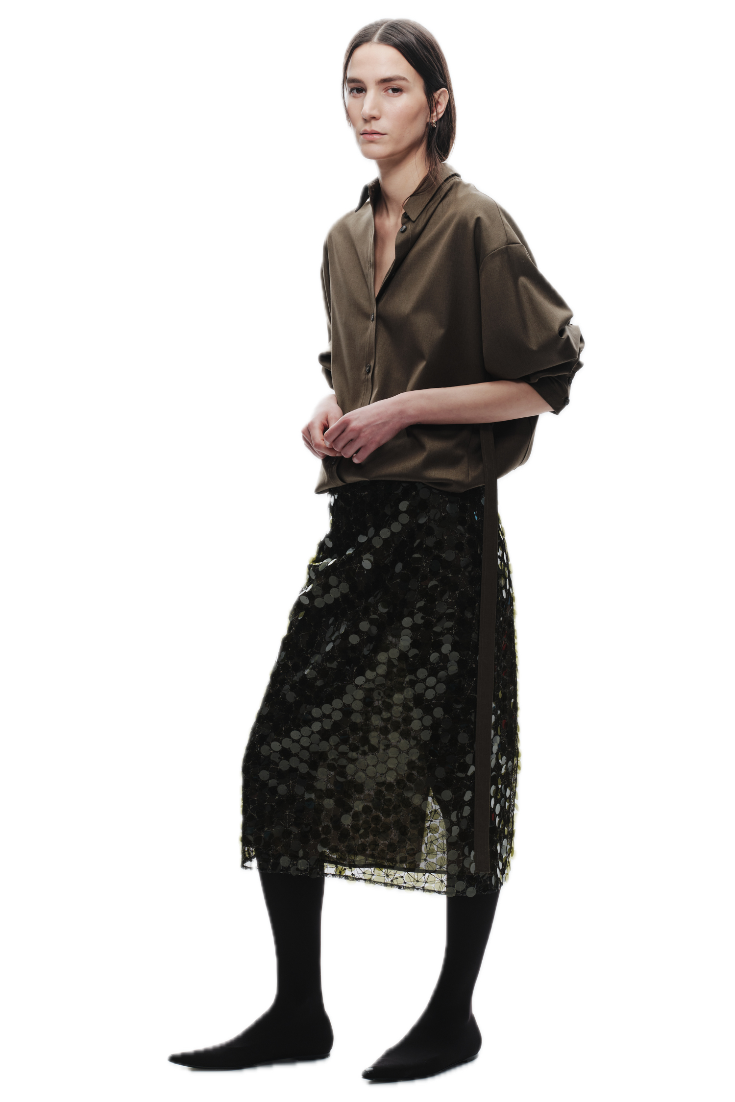 Saint Art Zyon Mesh Sequin Skirt in Olive