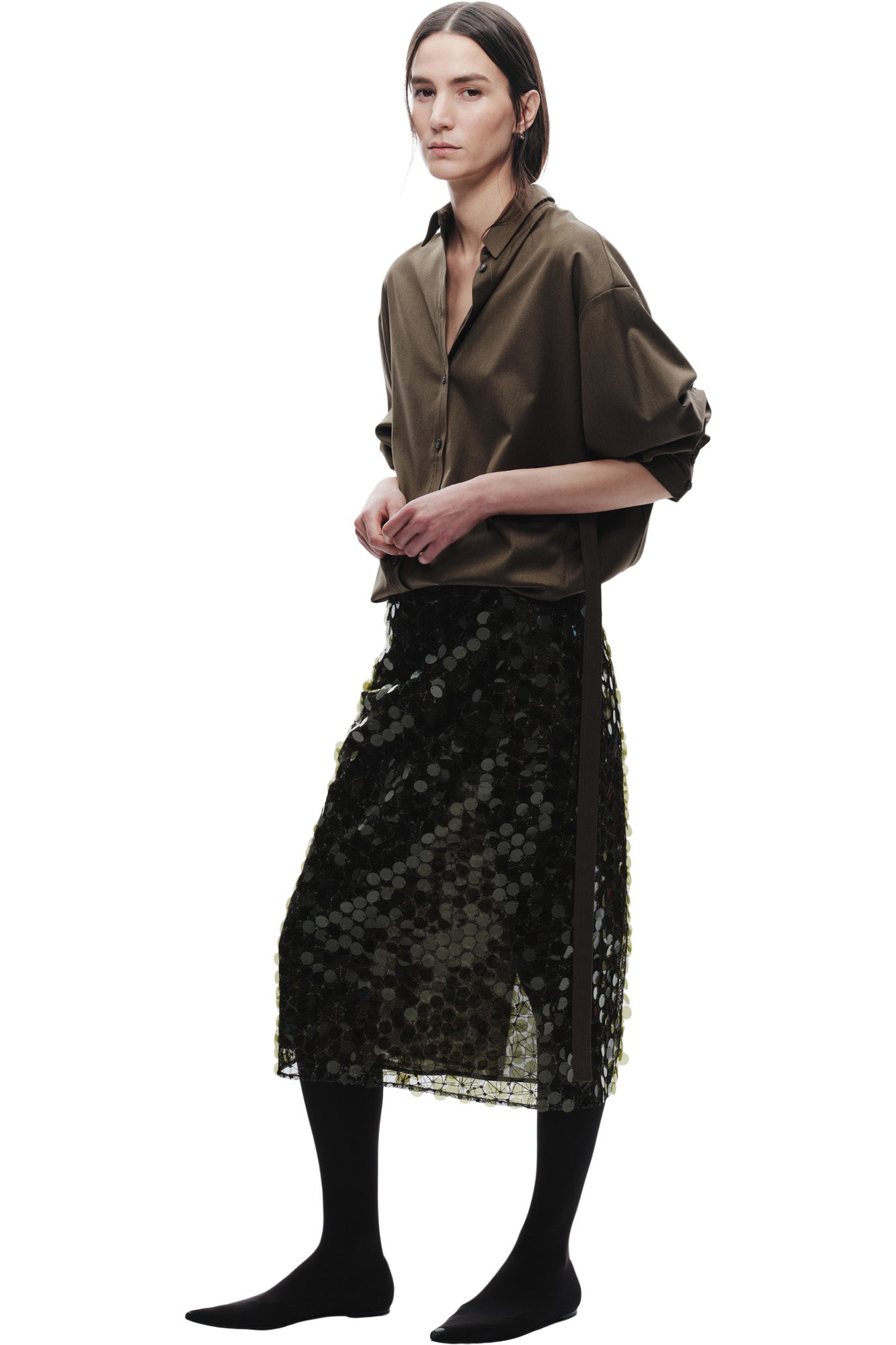 Saint Art Zyon Mesh Sequin Skirt in Olive