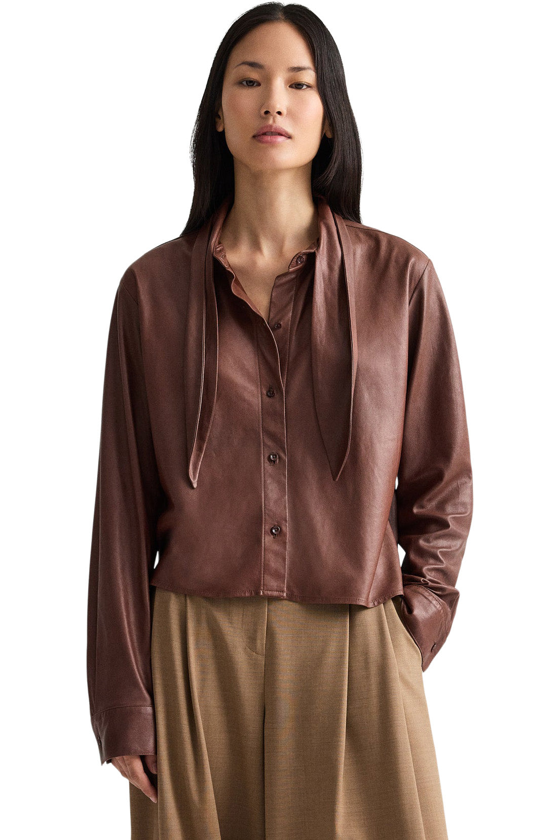 TWP Leather Shirt with Tie Insert in Cigar