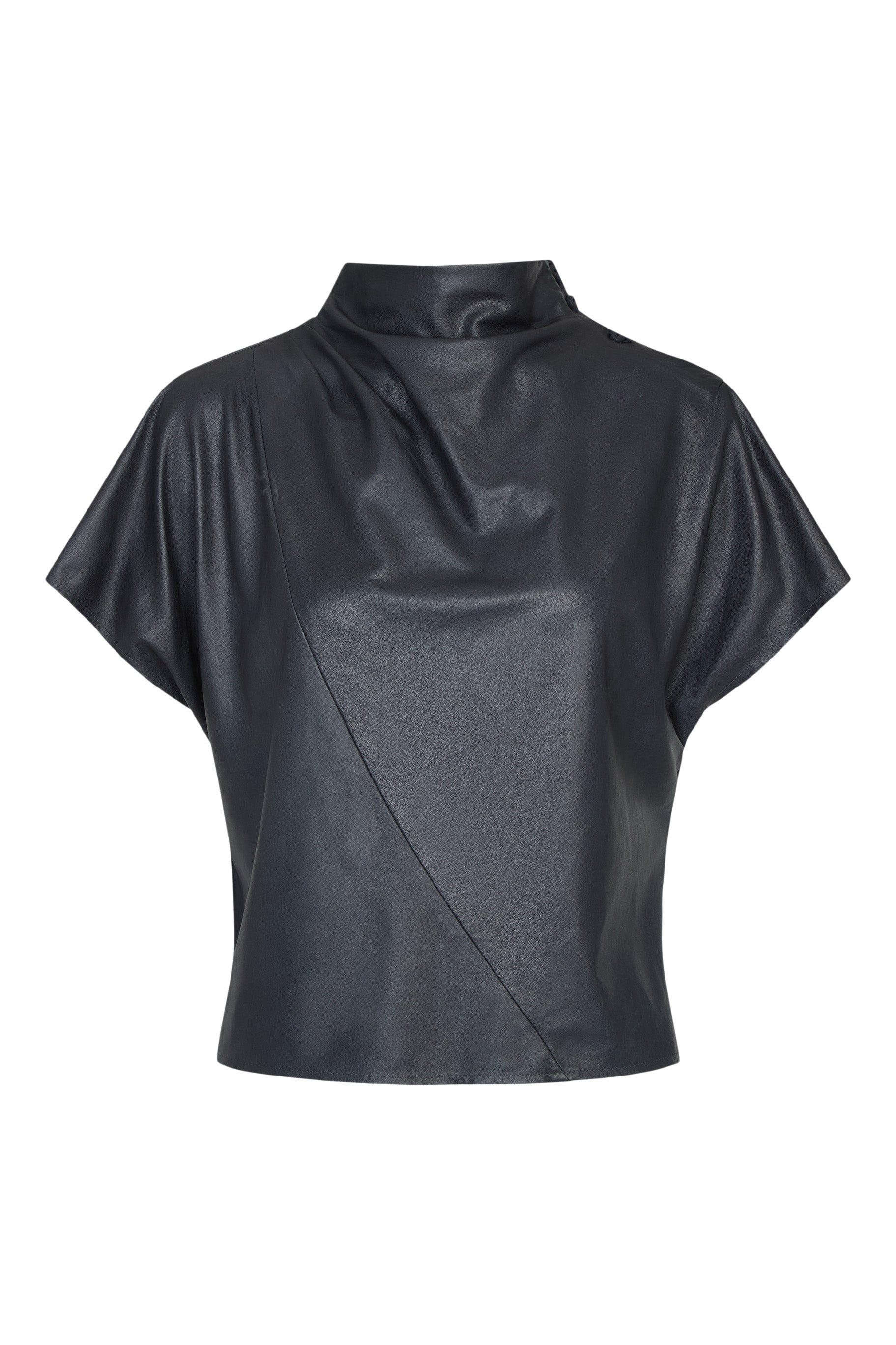 TWP Leather Mock Neck Tee in Midnight