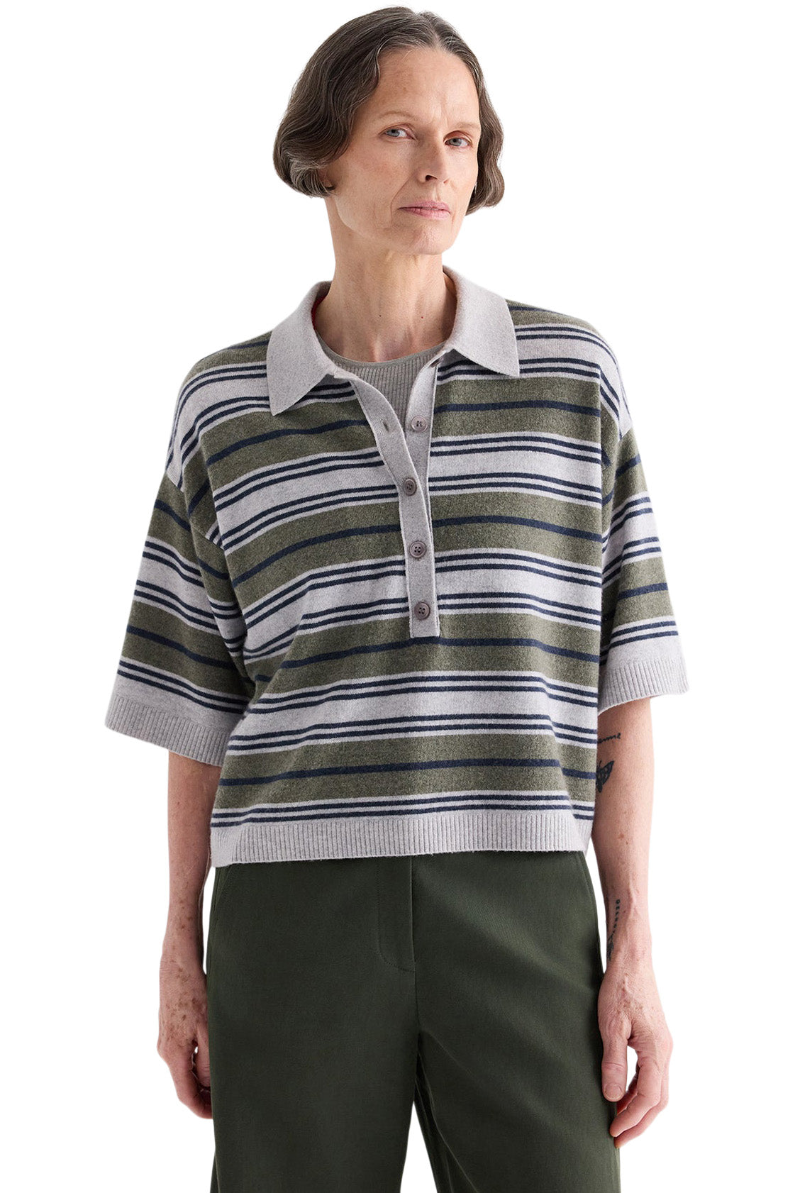 TWP Polo Sweater with Stripes in Moss-Night Sky-Light Heather Grey