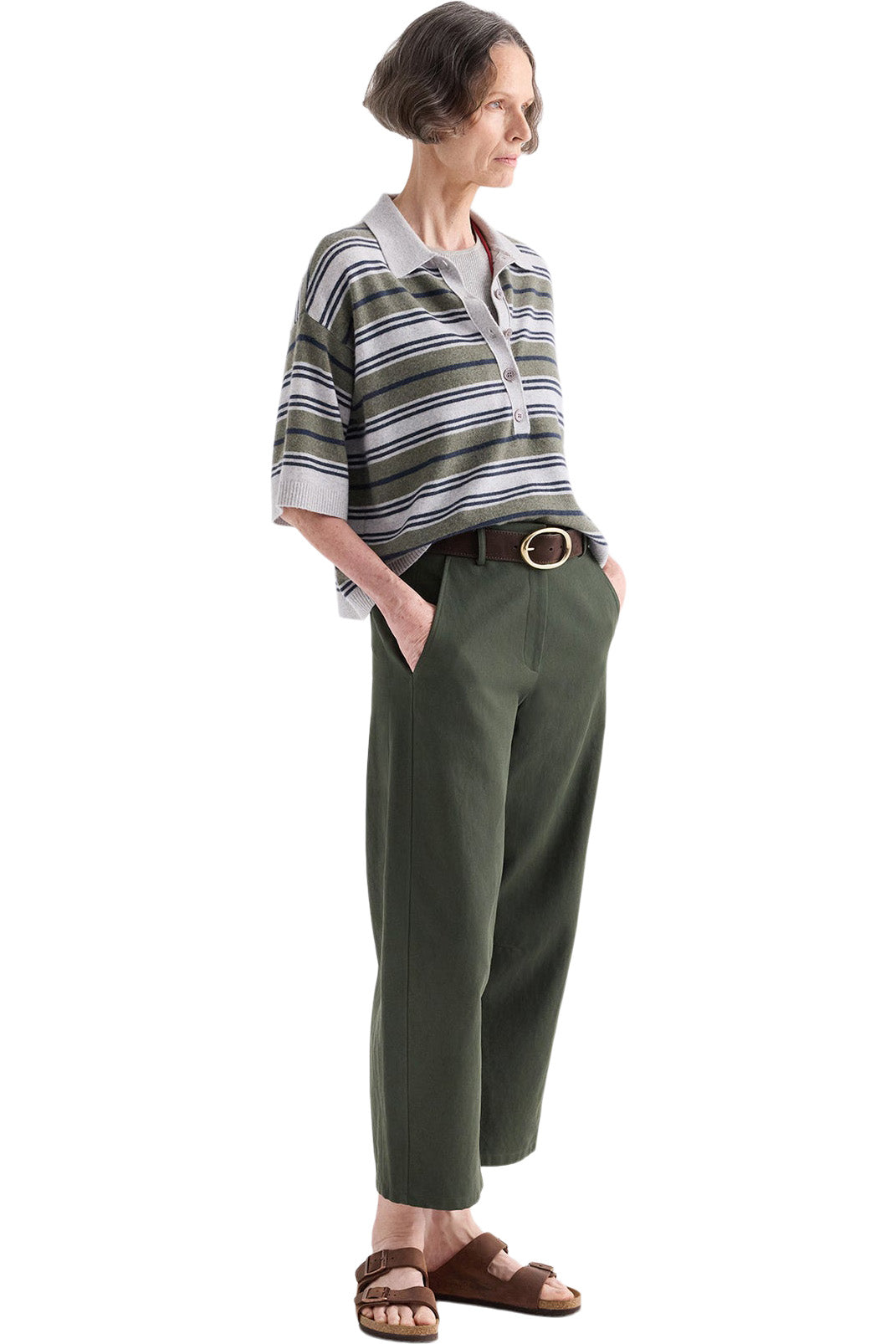 TWP Polo Sweater with Stripes in Moss-Night Sky-Light Heather Grey