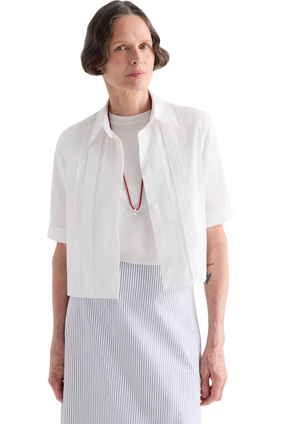 TWP Short Lived Placket with Cherry Pleats in White