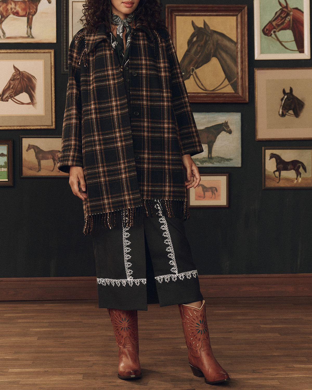 The Great x Stetson Fringe Coat in Caramel and Black Frontier Plaid