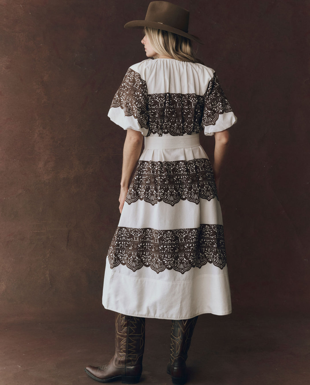The Great Fairground Dress in Cream with Western Lace Print