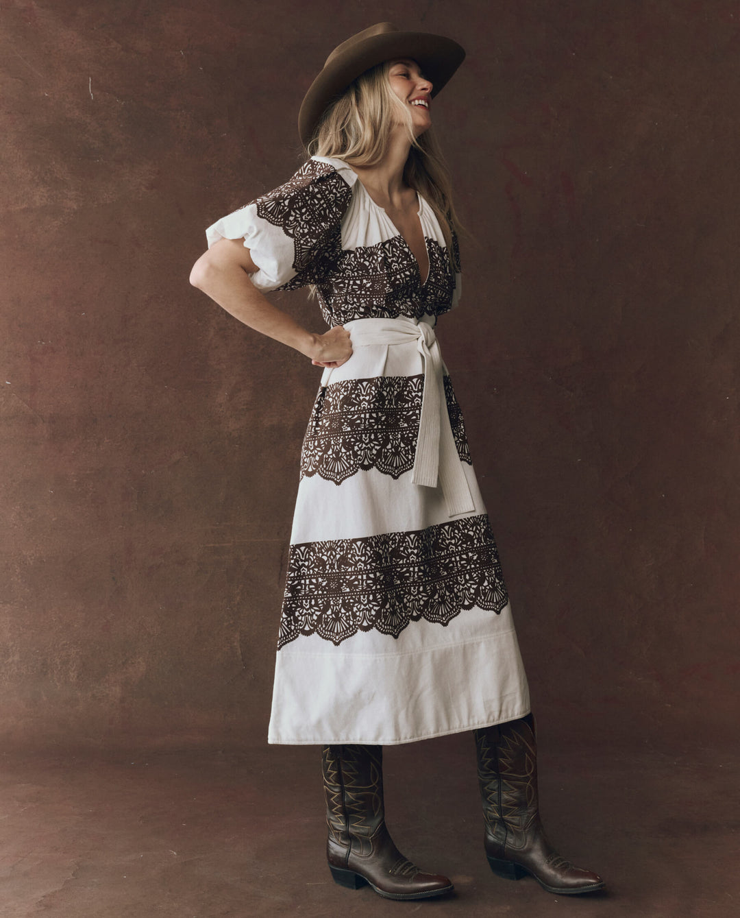 The Great Fairground Dress in Cream with Western Lace Print