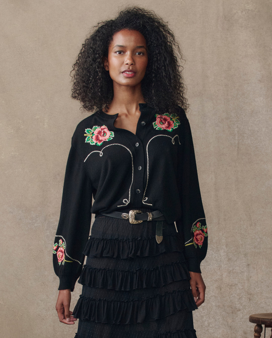 The Great Heirloom Rose Western Cardigan in Black