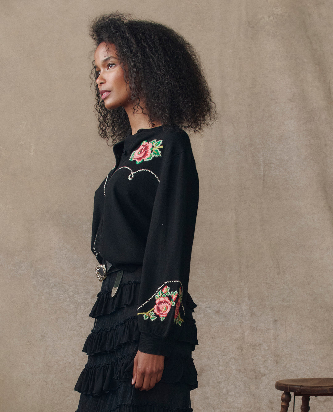 The Great Heirloom Rose Western Cardigan in Black