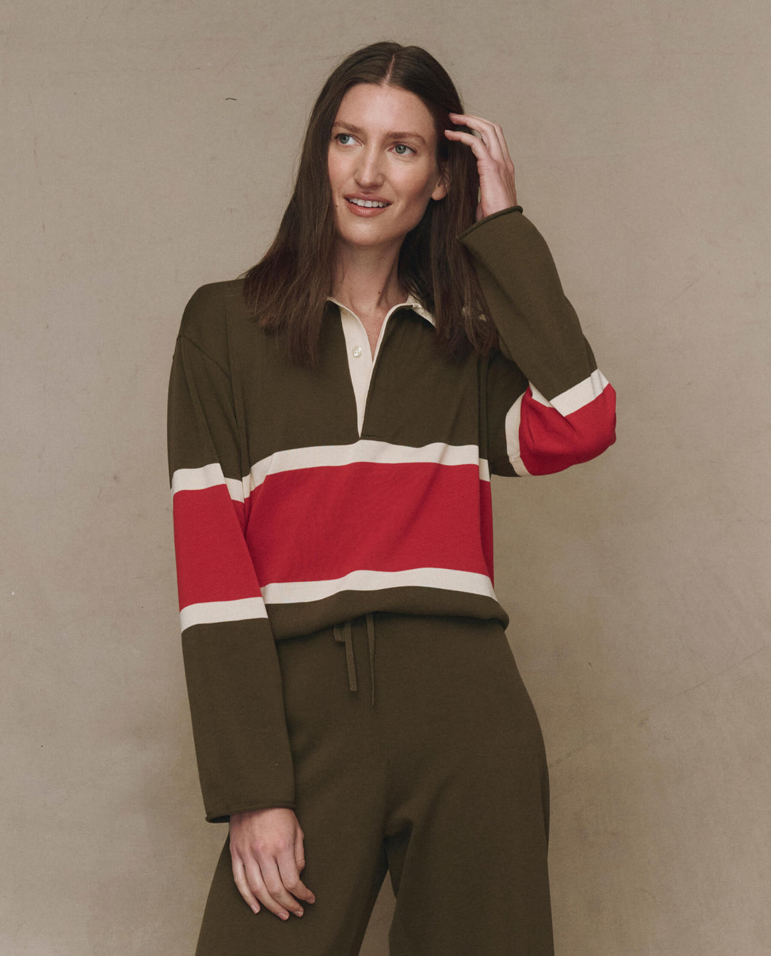 The Great Rugby Sweater in Army with Hot Red Stripe