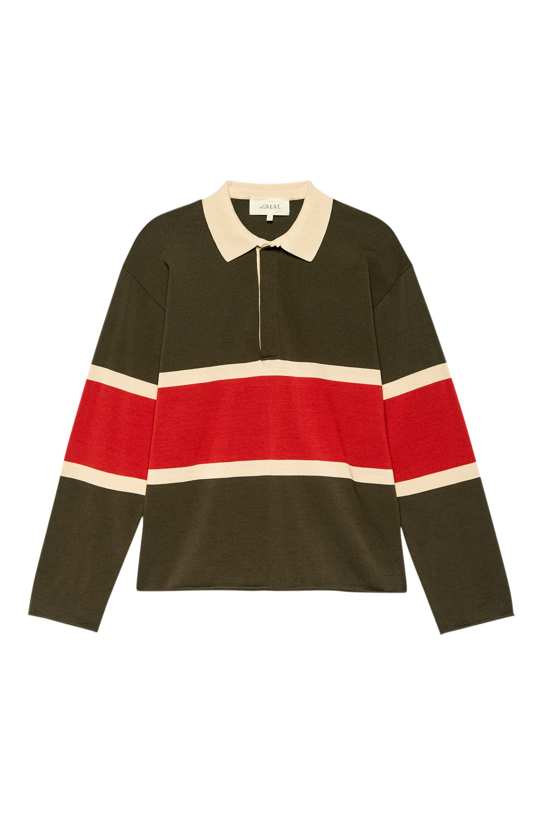 The Great Rugby Sweater in Army with Hot Red Stripe