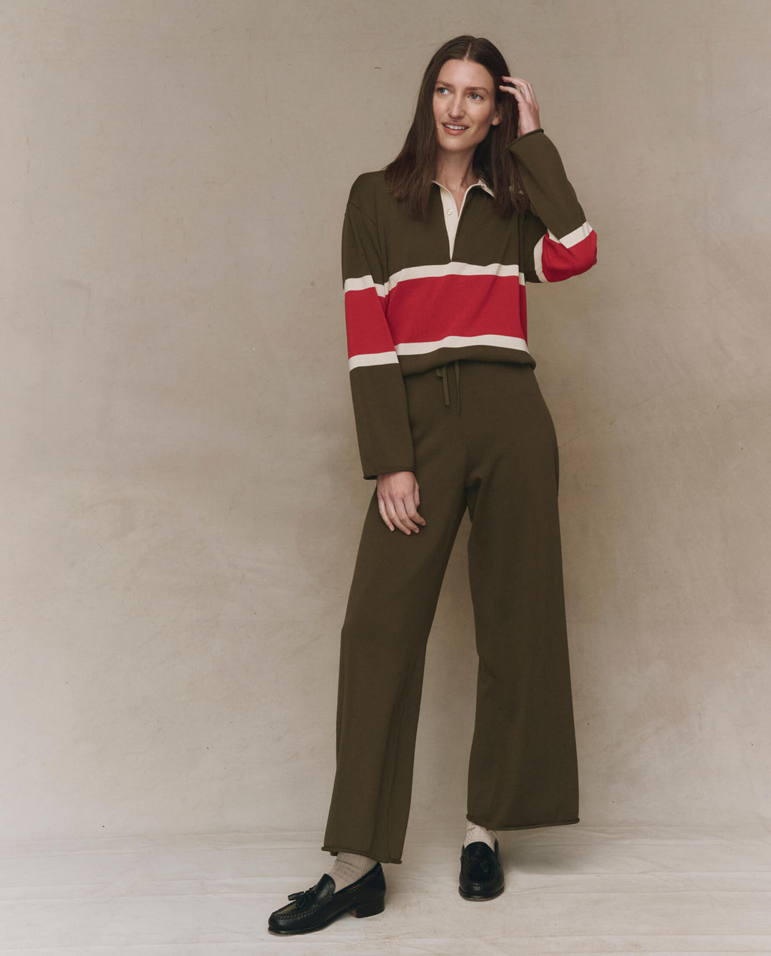 The Great Rugby Sweater in Army with Hot Red Stripe