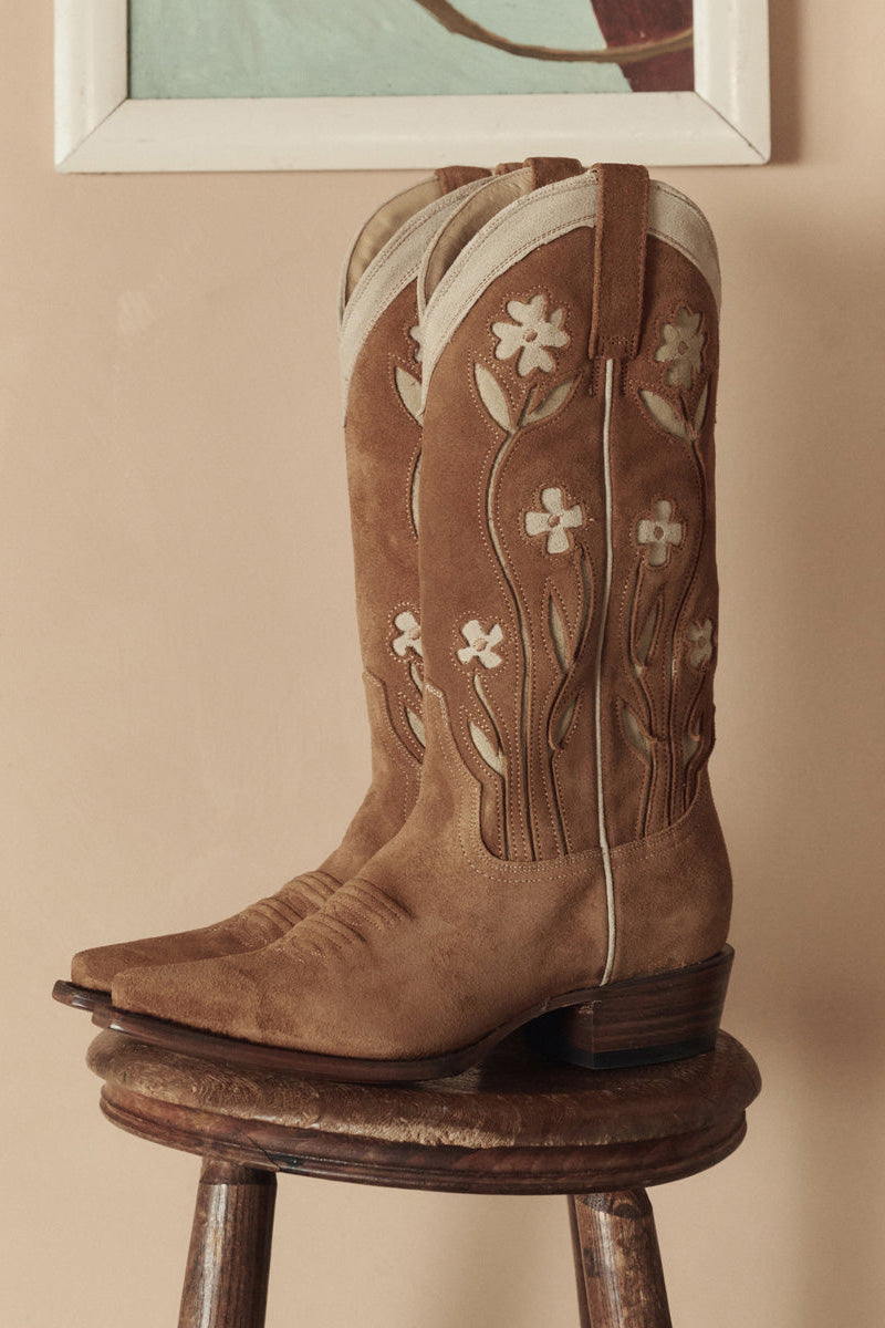 The Great x Stetson Suede Floral Cowboy Boots in Tan Floral
