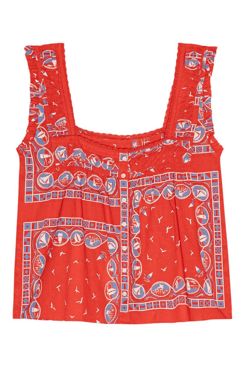 The Great Victorian Pleat Tank in Red Sailboat Bandana