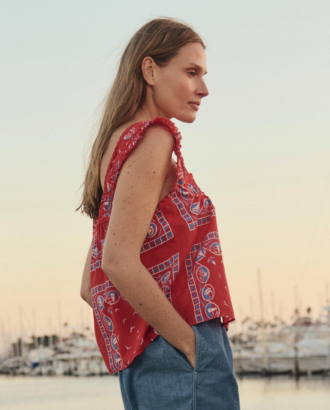 The Great Victorian Pleat Tank in Red Sailboat Bandana