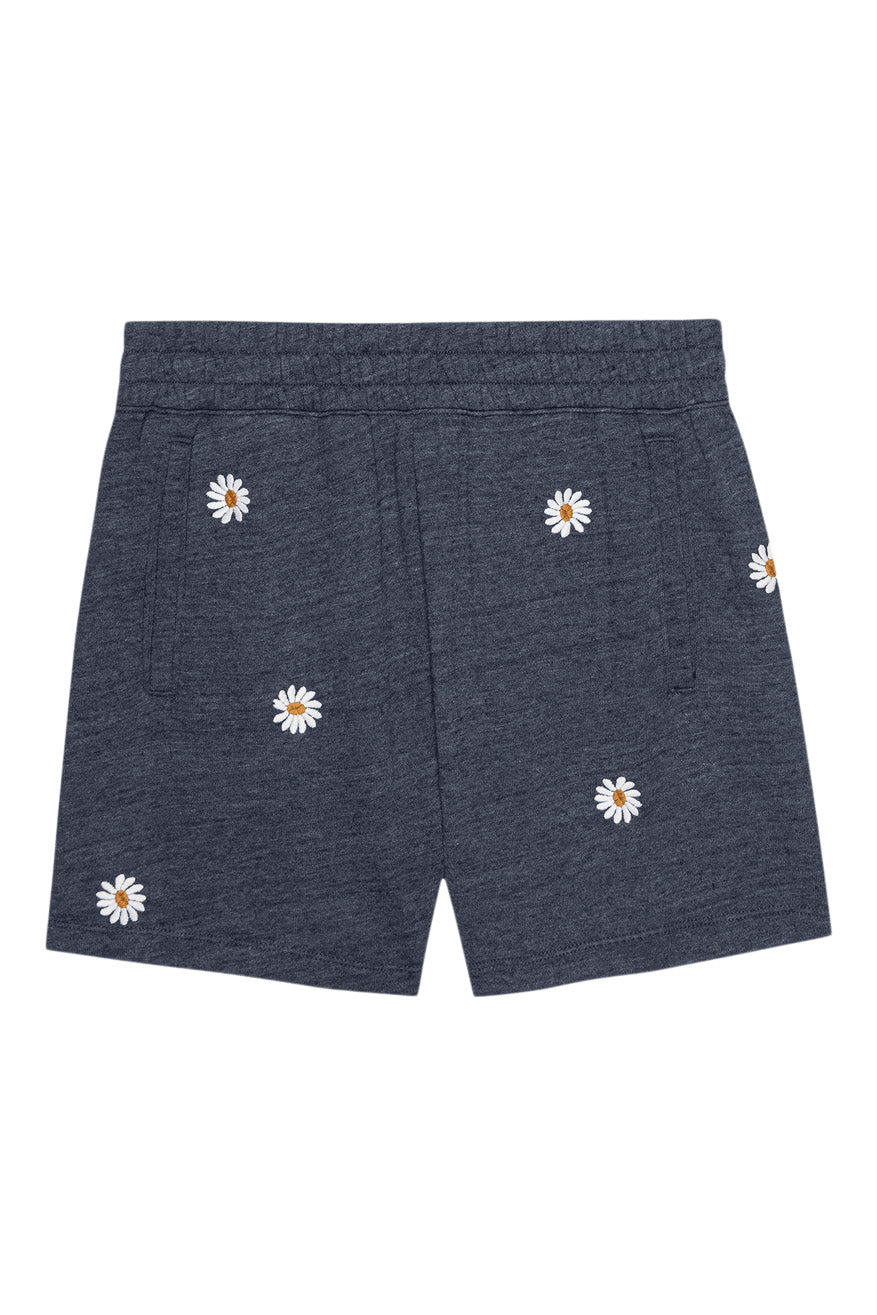 The Great Victory Short in Heathered Vintage Blue with Floating Daisy Embroidery
