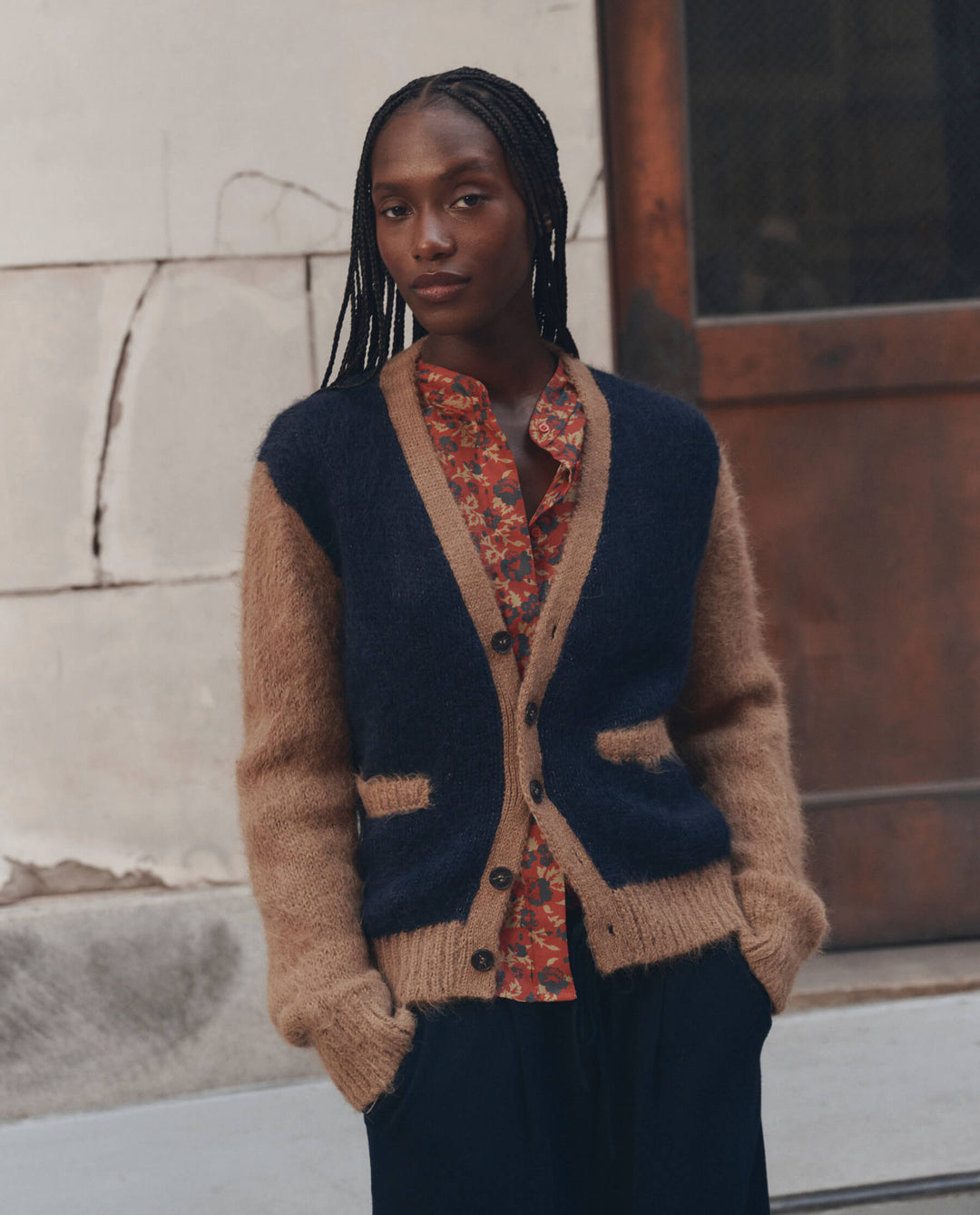The Great Wellington Cardigan in Navy and Tan