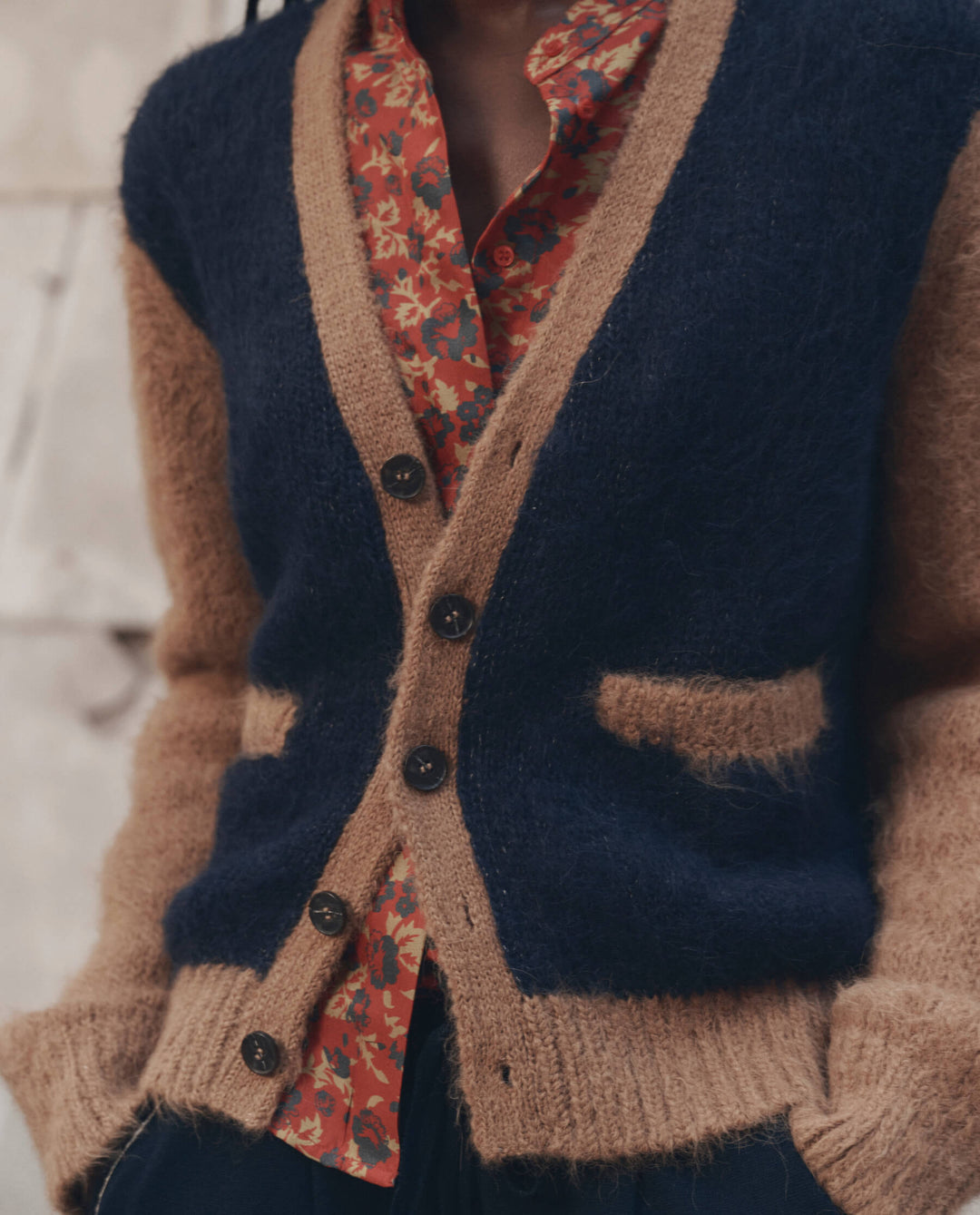 The Great Wellington Cardigan in Navy and Tan
